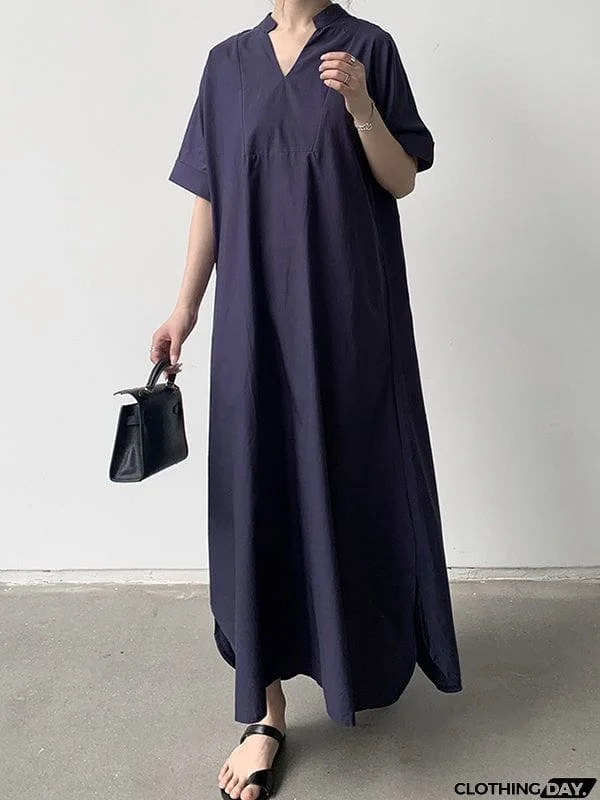 Loose Short Sleeves Solid Color V-Neck Maxi Dresses