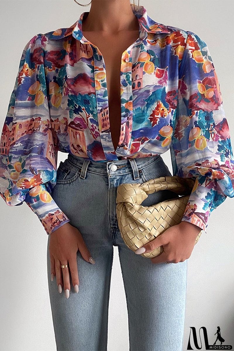 MidiSono - Elegant Floral Patchwork Turndown Collar Tops