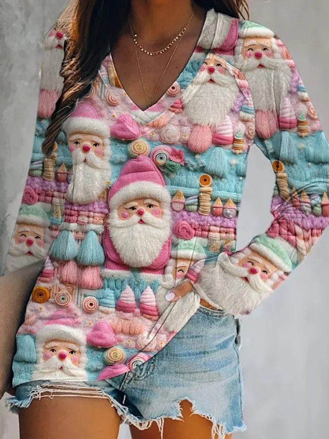 Women's Pink Santa Print T-Shirt