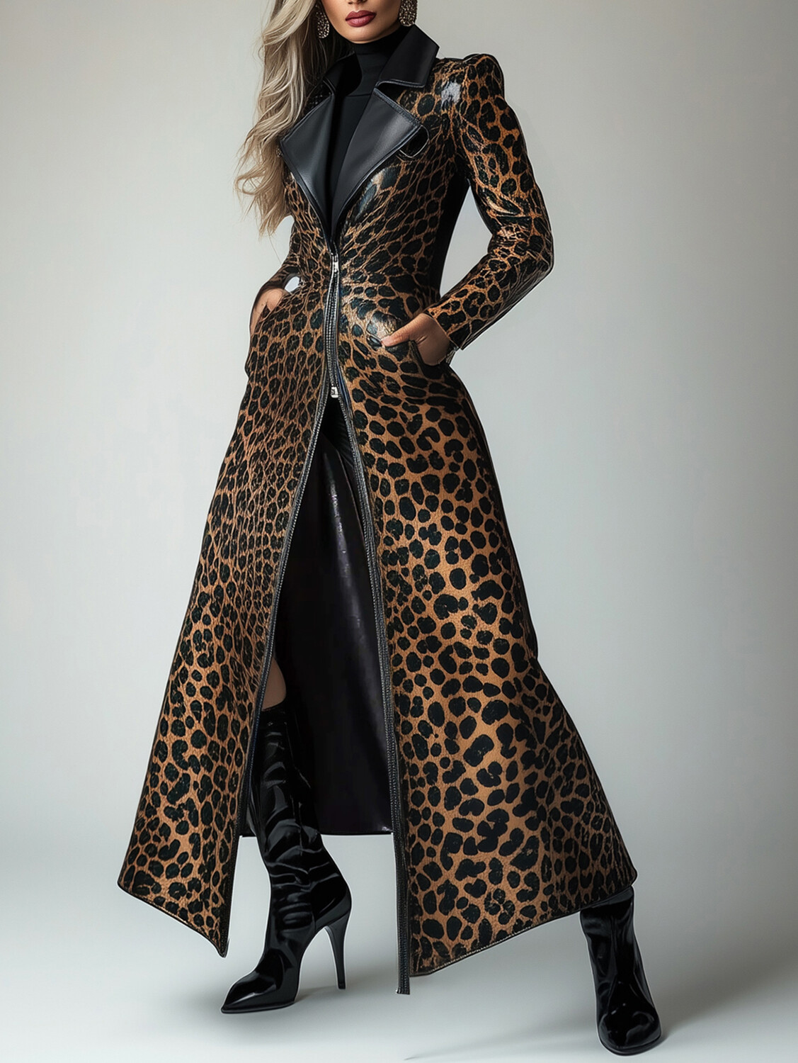 Ursime PU Leather Leopard Pattern Zipper Pocket Trench Coat