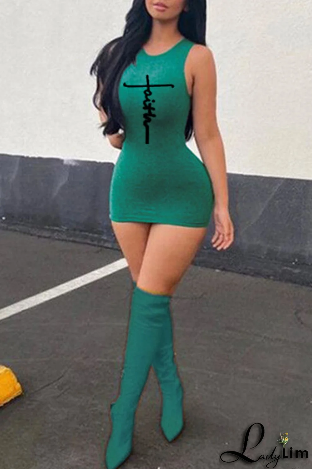 Green Fashion Casual Print Basic O Neck Sleeveless Dress