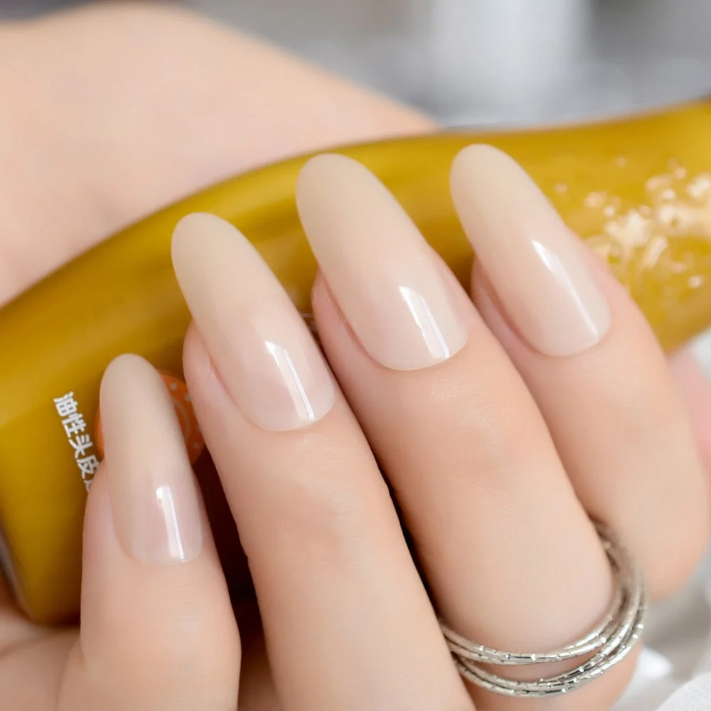 Nude Extra Long Fake Nails Coffin Full Cover Glossy False Nail Long Ballerina Nails with Glue Sticker-Nail Inspo