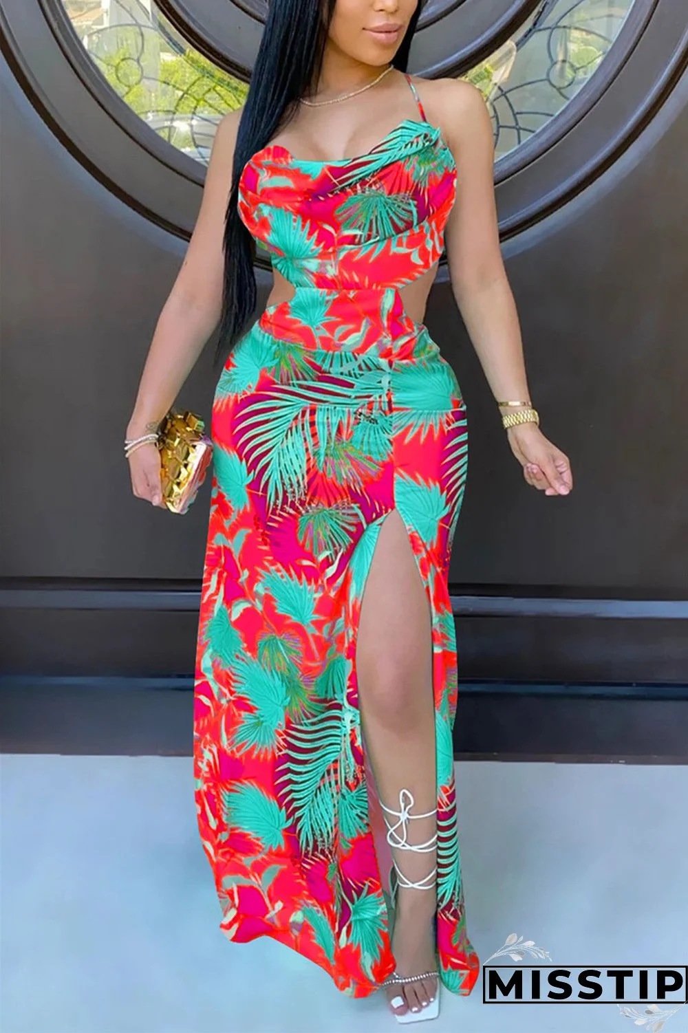Red Sexy Spaghetti Strap Sleeveless Slip Swagger Floor-Length Print Dresses