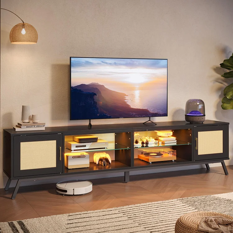 Rattan TV Stand with LED Light for 80 inches, Mid Century Modern TV Console with Storage Drawers,Entertainment Center with Open Glass Shelves Media Console for Living Room