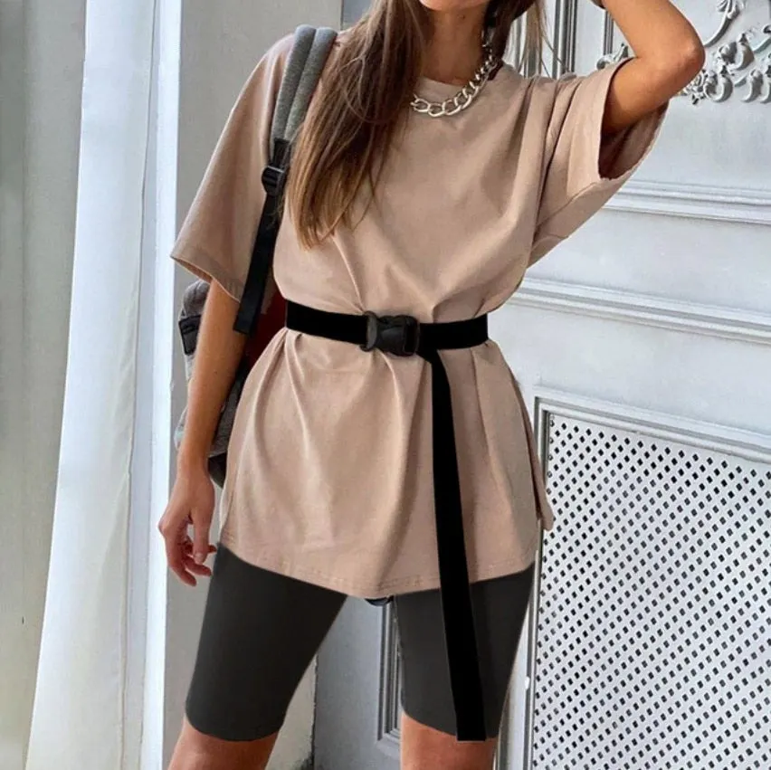 Casual solid new women's two piece suit including belt solid color home loose sports fashion leisure suit summer couples wear