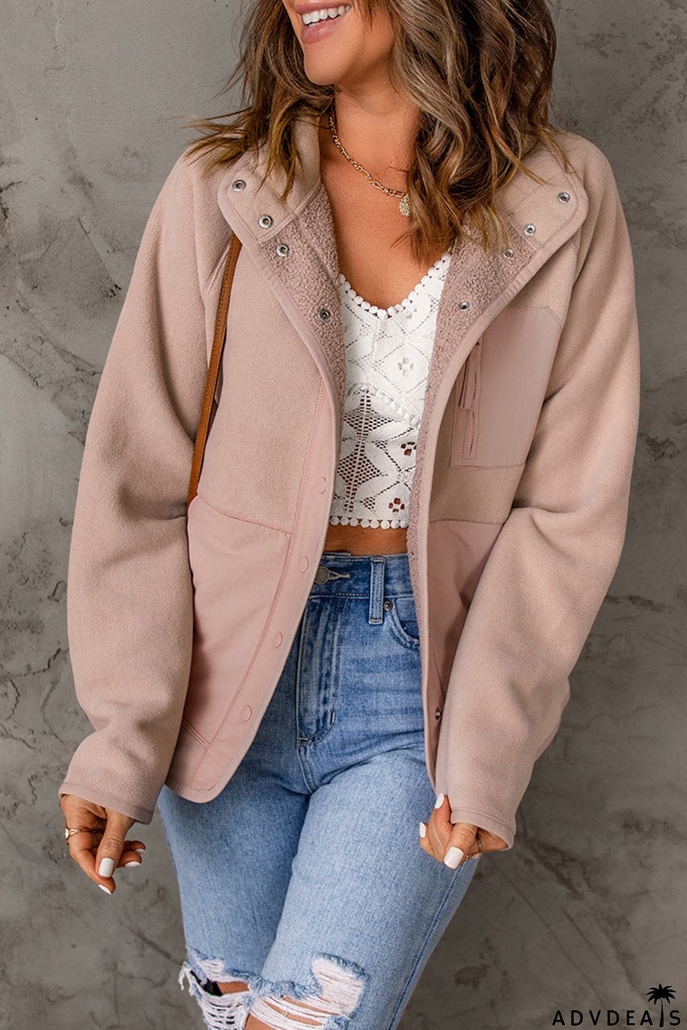 Faux Shearling Lining Snap Button Suede Jacket