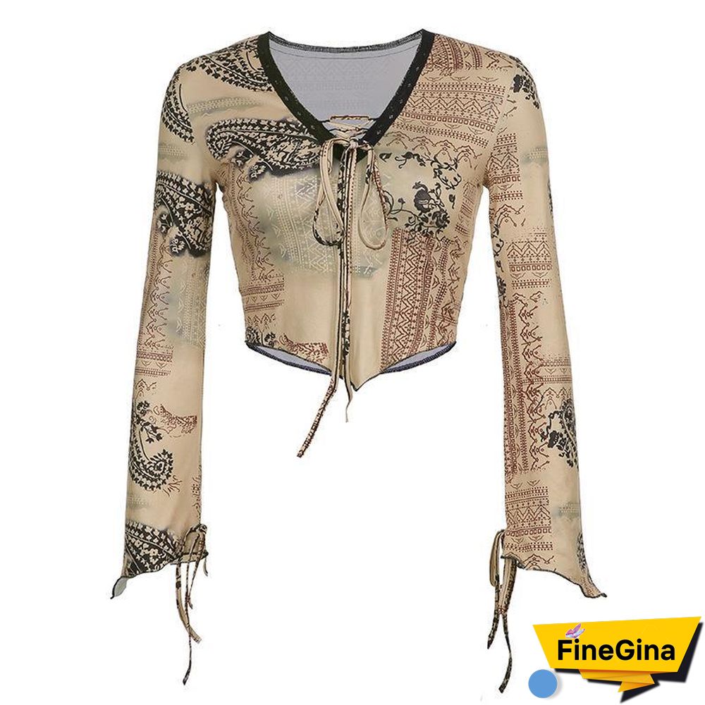 Lace Up Long Sleeve Graphic Printed Crop Blouse