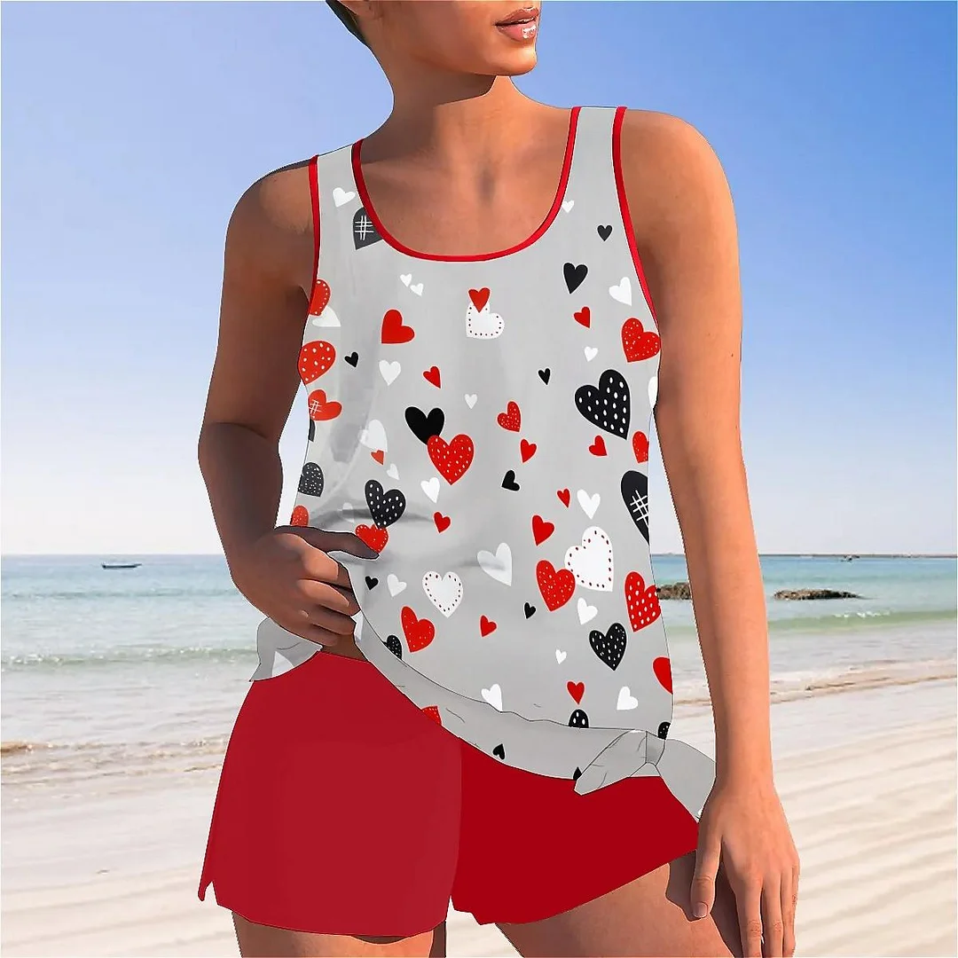 Bowknot Heart,Love,Valentine's Day Mid Waisted Tankini Set - Plus Size Available