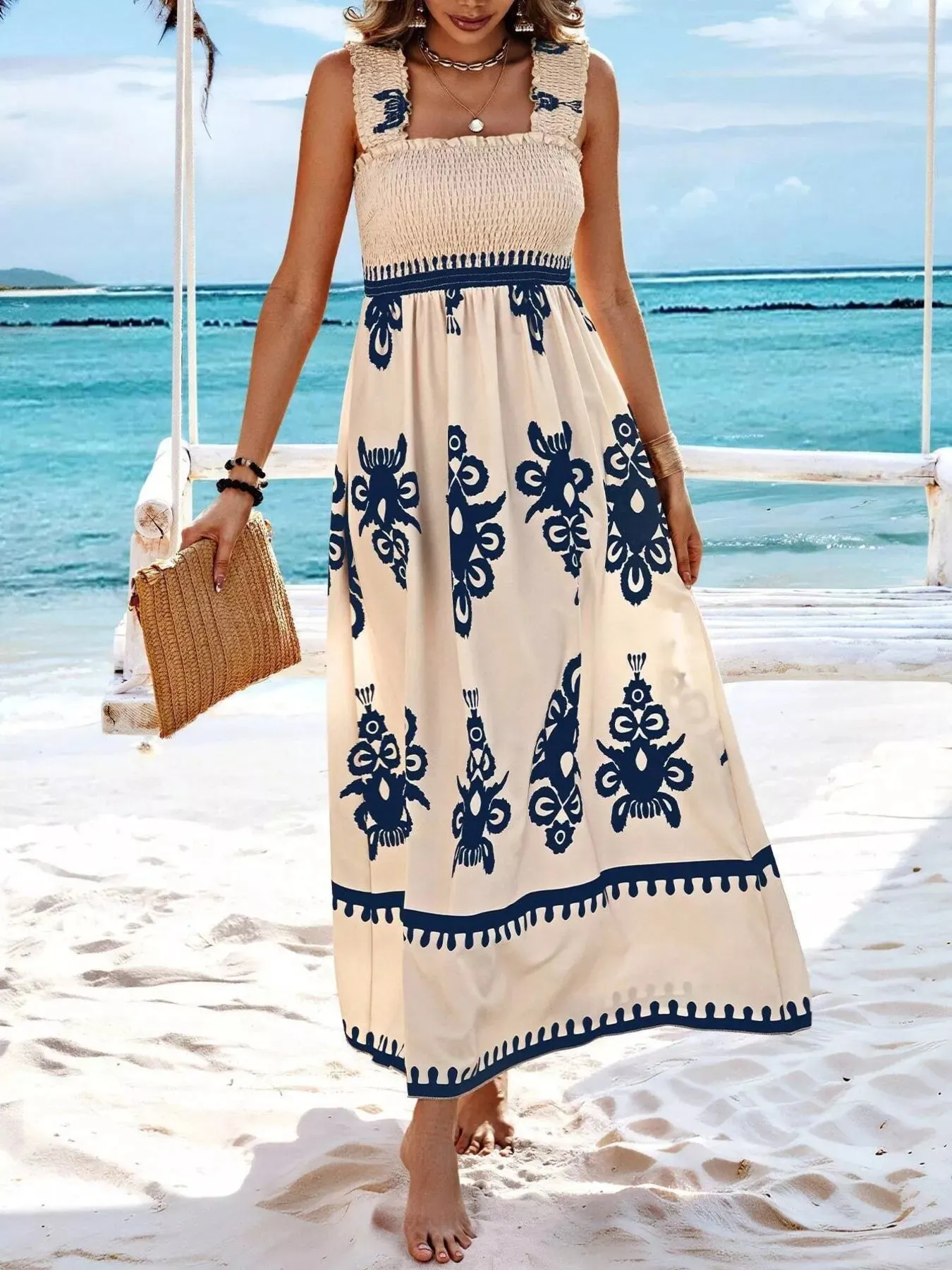 Smocked Printed Square Neck Maxi Dress mysite idetrend