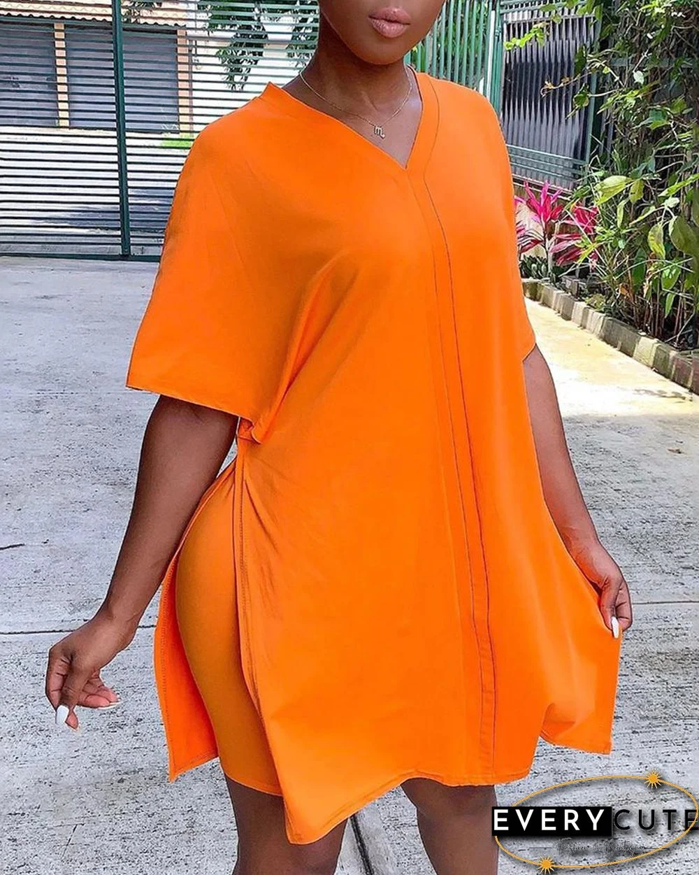 Batwing Sleeve Slit Top & High Waist Shorts Set P10161