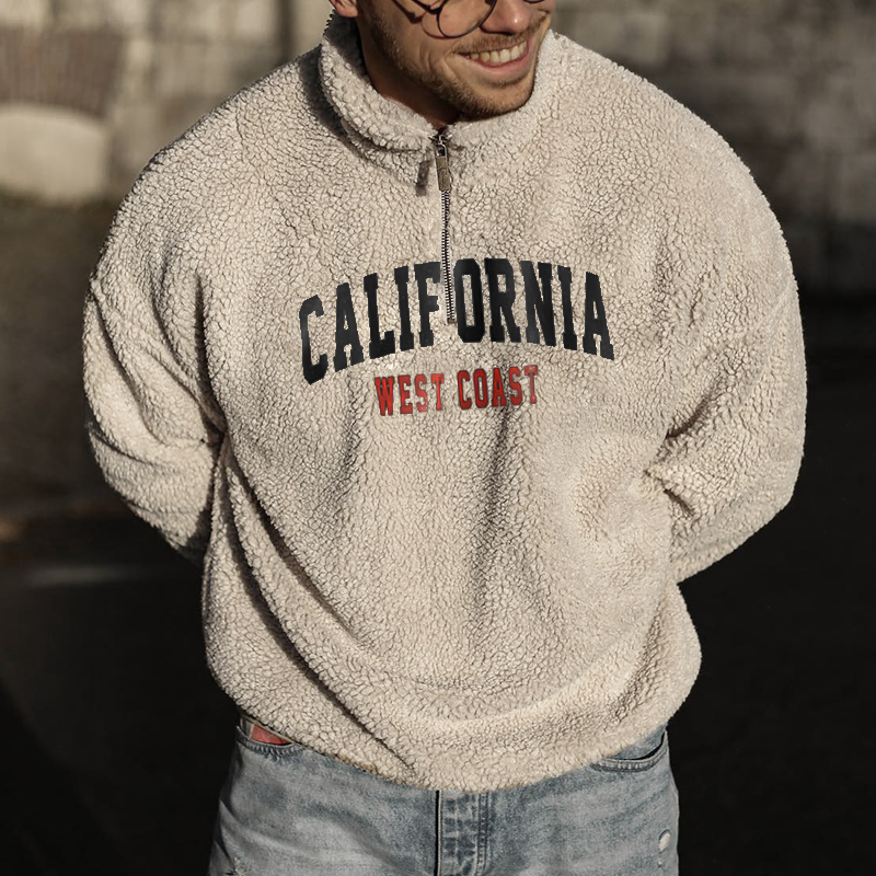 Men's CALIFORNIA Embroidered Polo Neck Sherpa Sweatshirt、、URBENIE