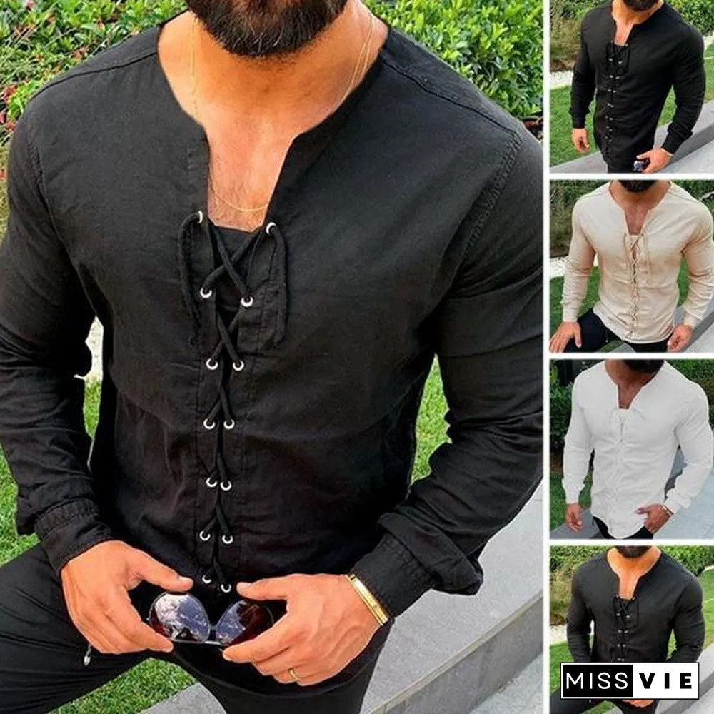 Lace-up Men Pirate Landlord Knight Tunic Casual Shirt