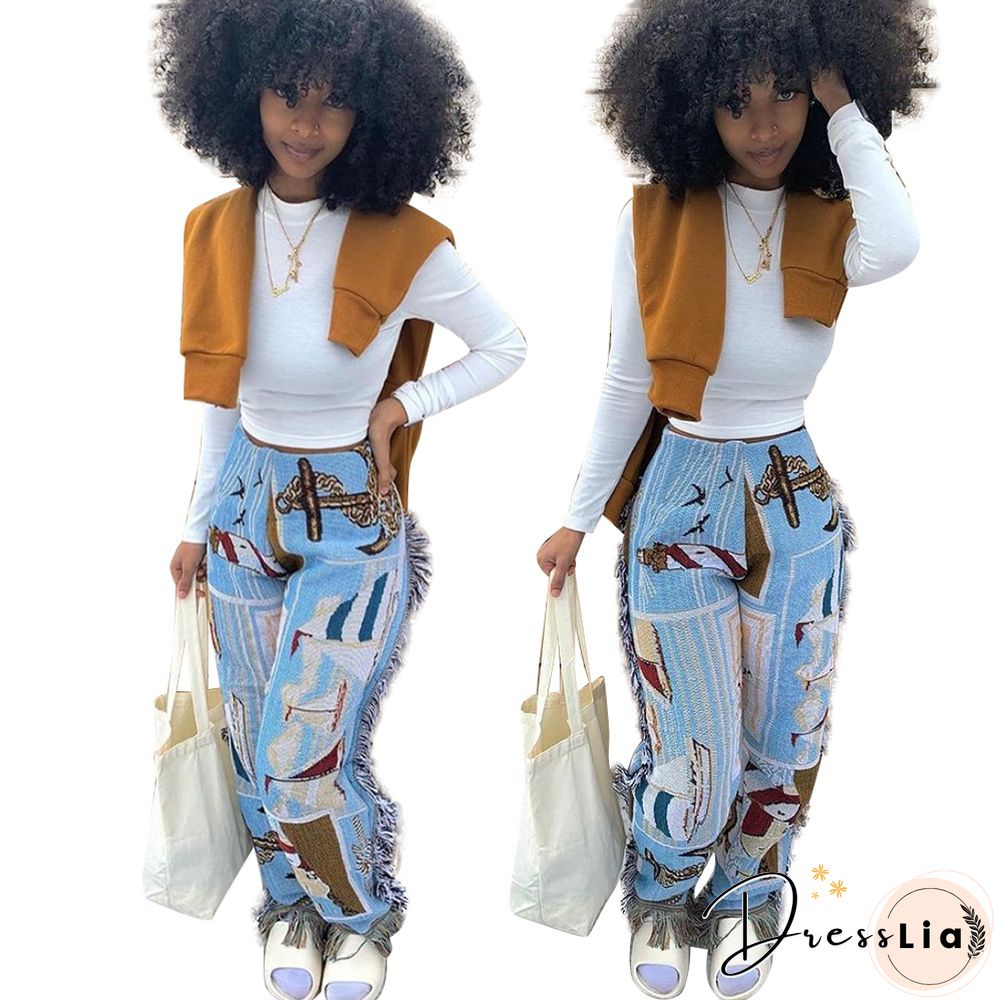Side Tassels Patchwork Elastic Waist Women Print Jogger Pant