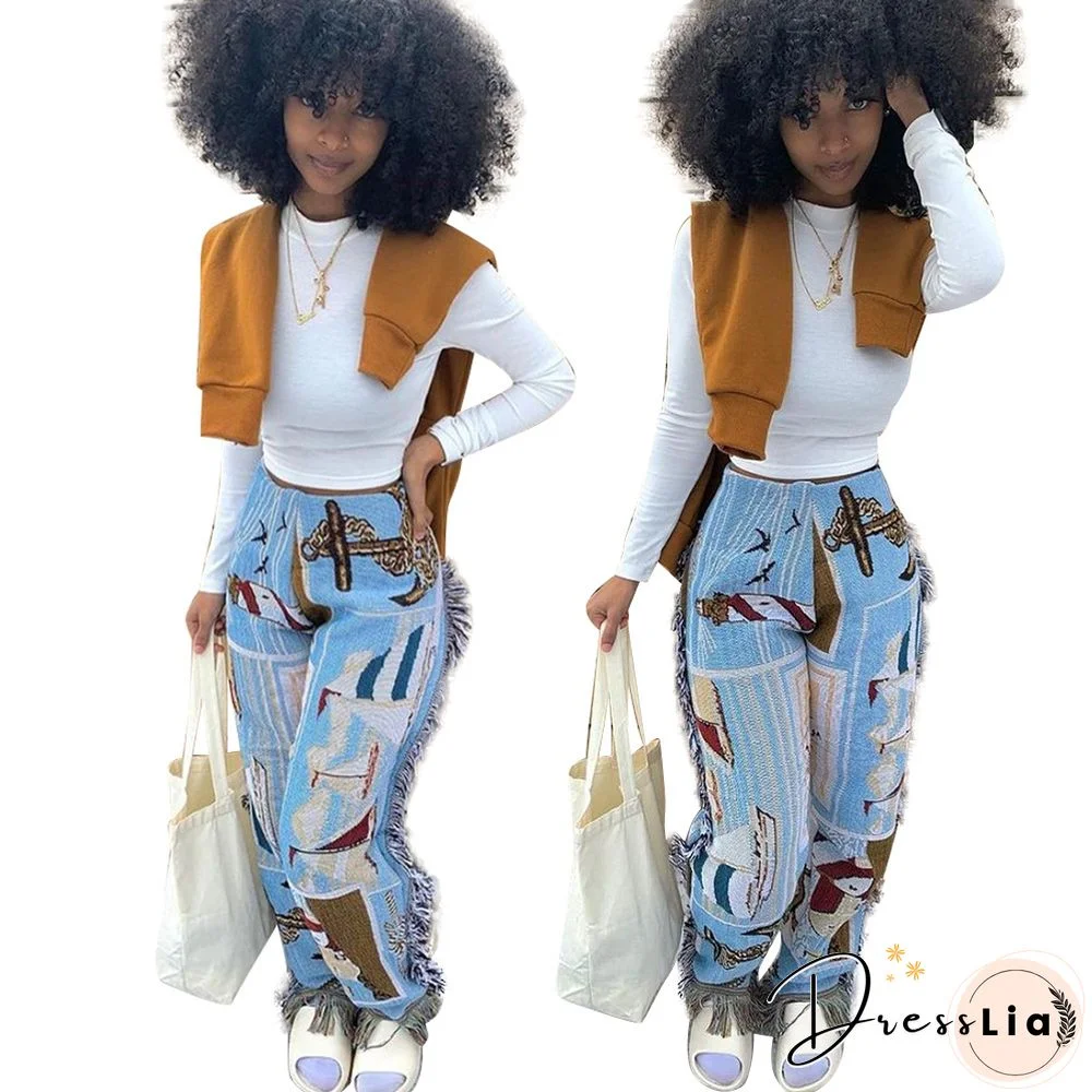 Side Tassels Patchwork Elastic Waist Women Print Jogger Pant