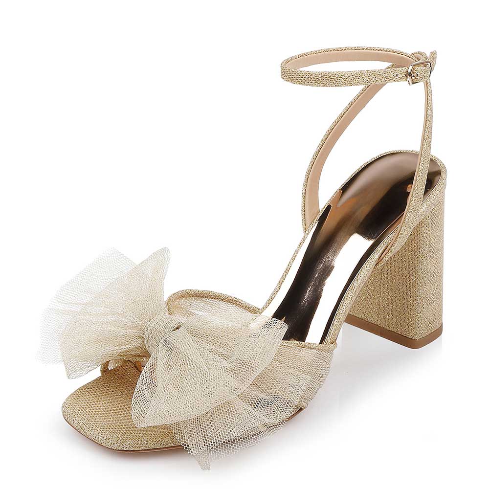 Full-Gold Fabric Bow Inlay Ankle Strap Block Heel Classy Sandals      Nicepairs