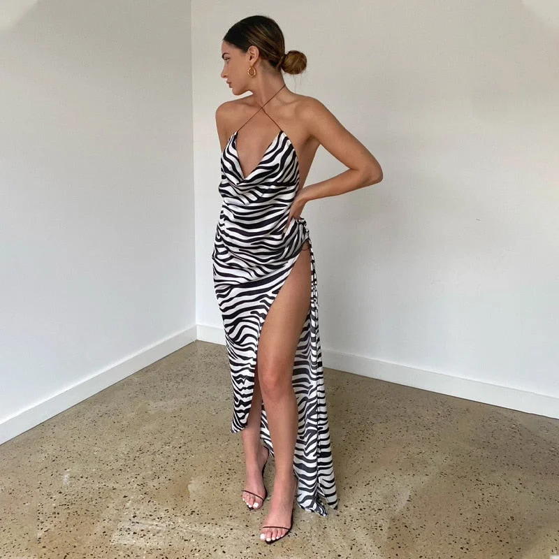 Articat Zebra Printed Sexy High Split Backless Midi Dress Women 2021 Summer Halter Ruched Ladies Vestidos Club Partywear Hot