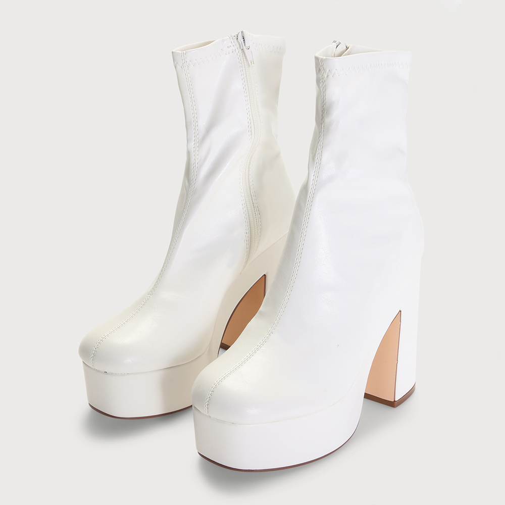 Women's Closed Toe Chunky Heel White Platform Booties with Zipper Nicepairs