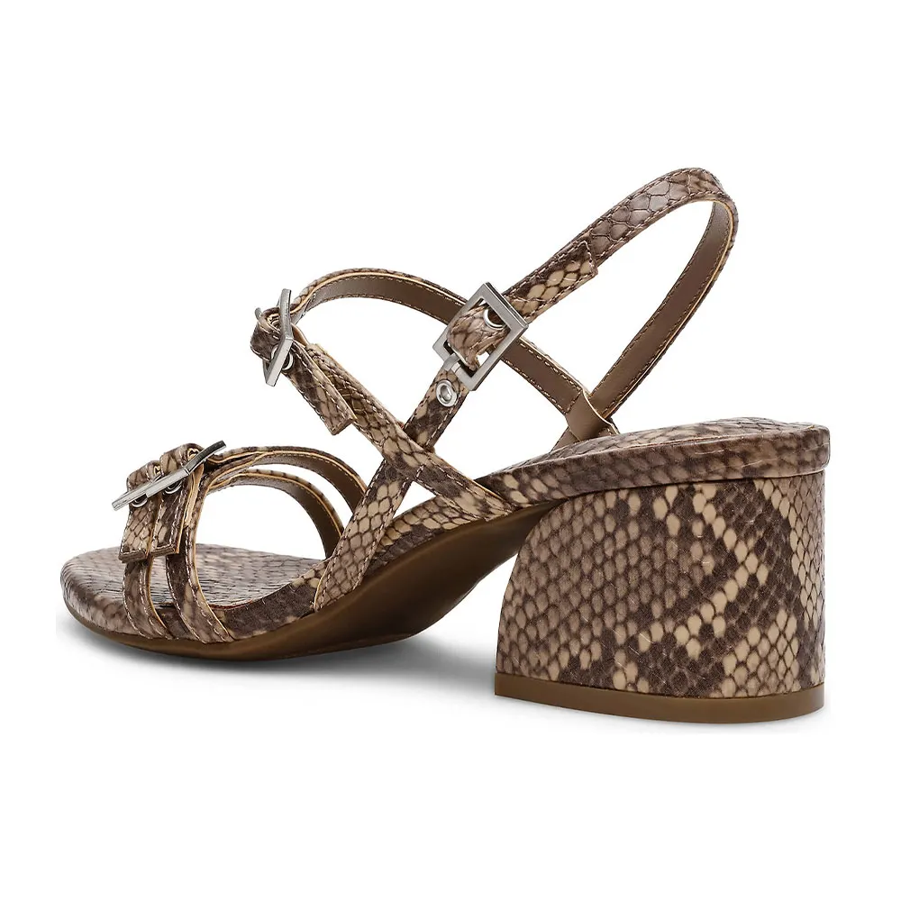 Taupe Square Toe Snakekin Print Buckle Strappy Women's Heel Sandals