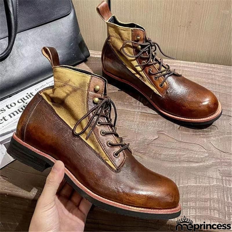 Men's Retro Casual Fashion Lace-Up Patchwork Design Martin Boots