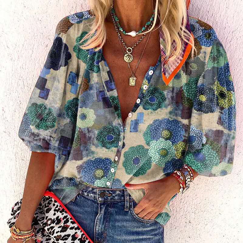 Fashion Lapel Print Button Casual Bohemian Blouses & Shirts