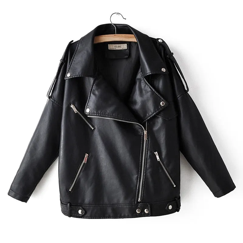 Ailegogo New Spring Autumn Pu Leather Jacket Women Moto Biker Lapel Zipper Beige Warm Faux Soft Leather Coat Loose Outwear