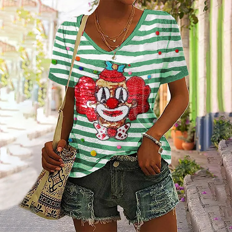 VChics KÖLner Karneval Clown Striped Print V-Neck Short Sleeved T-Shirt