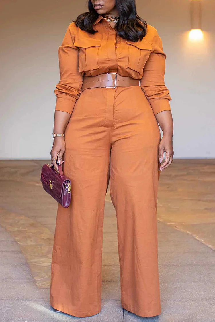 Plus Size Business Casual Orange Shirt Collar Long Sleeve Cargo Casual Zipper Jumpsuits [Pre-Order]