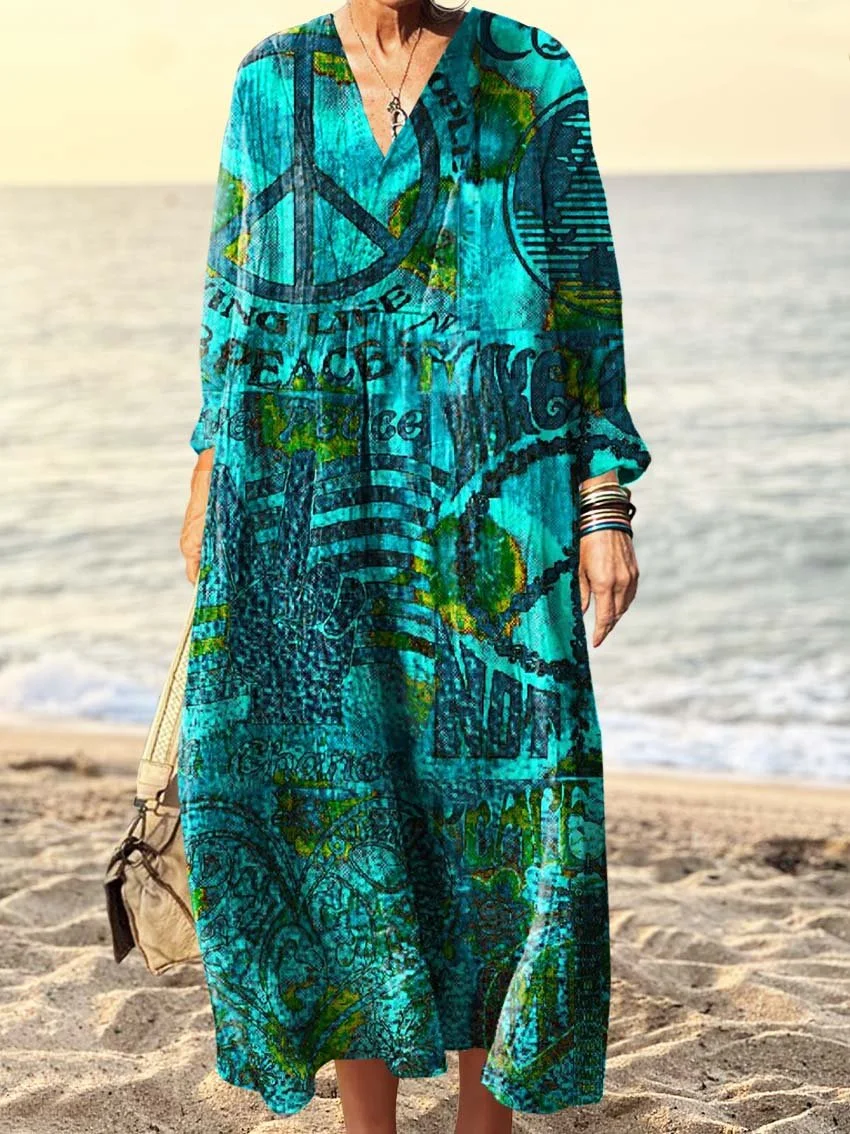 Women's Hippie Art Print V Neck Long Sleeve Dress