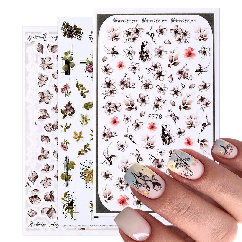 3D Charms Flowers Leaf Nail Foils Stickers Watercolor Abstract Floral Decals Sliders Manicures Nail Art Decorations For Autumn