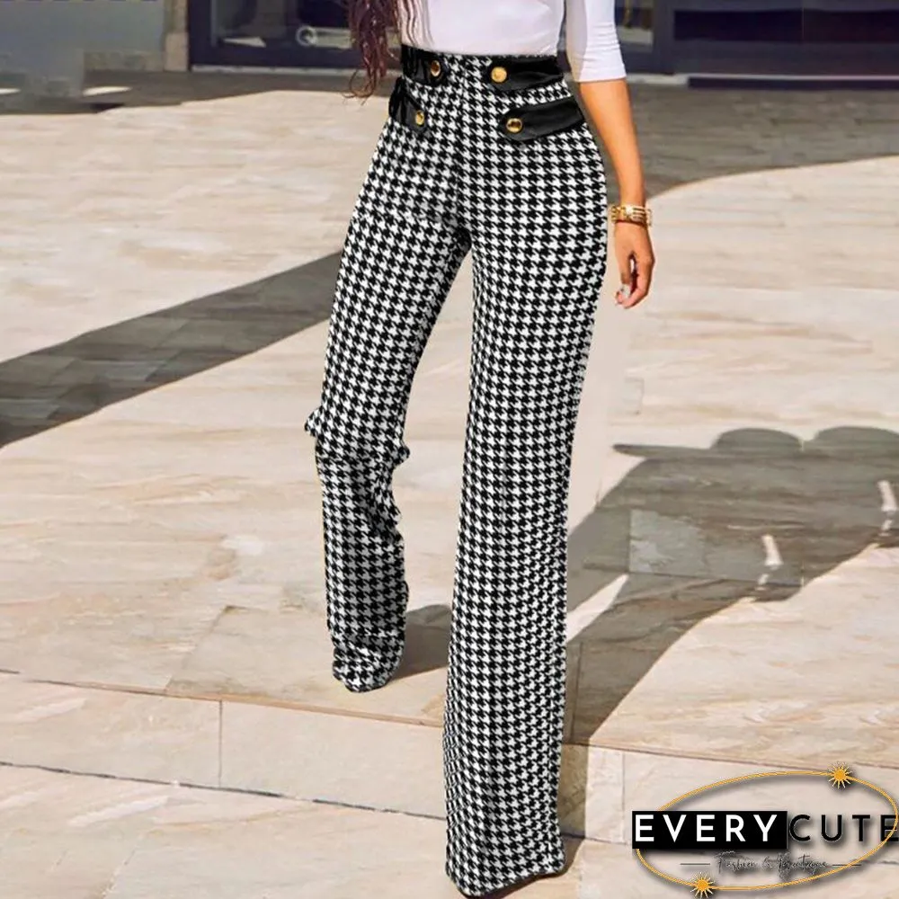 Womens Buttoned High Waist Wide Leg Tailored Pants Spring Casual Ladies Plaid Long Pencil