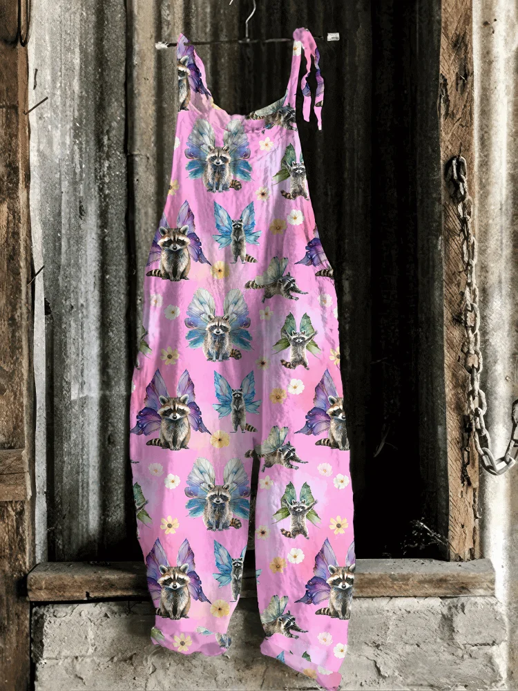 Vintage Cute Fairy Raccoon Print Casual Jumpsuit