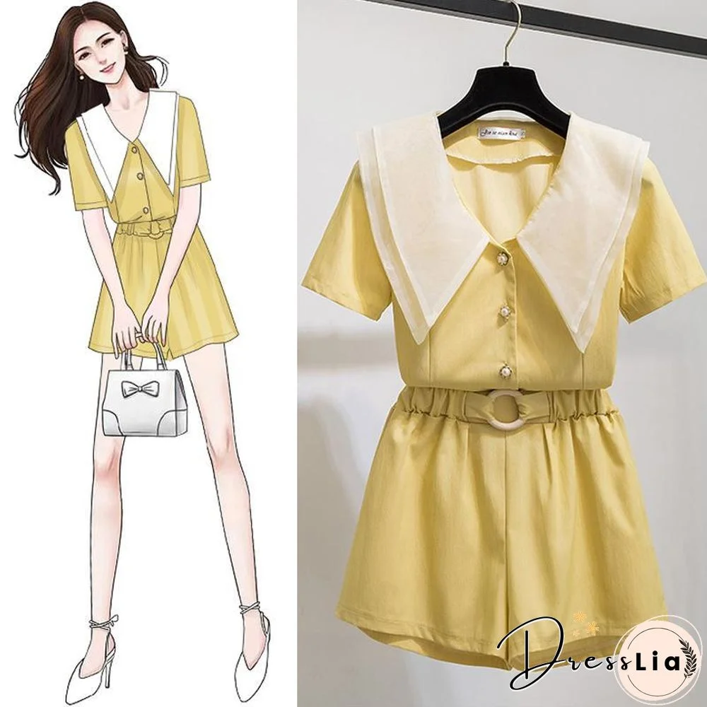 Chic Lapel Blouse+Belt Shorts P10753