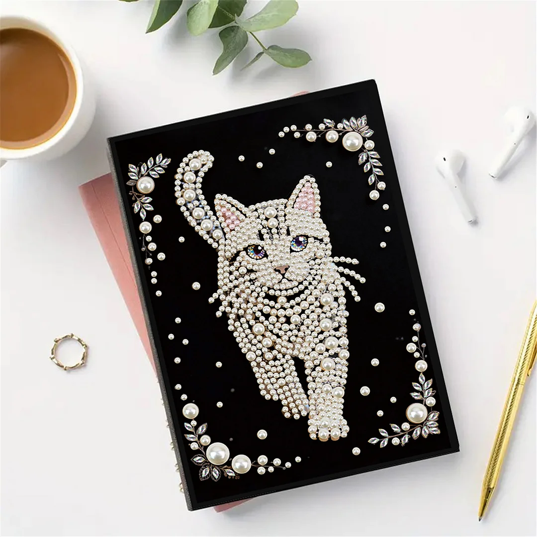 Cat Partial Pearl DIY 50 Pages A5 Diamond Painting Notebook Special Shaped Diamond Art Diary Book Kits Wireless Strip 5D Crystal Art Paintings Sketchbook for Art Drawing