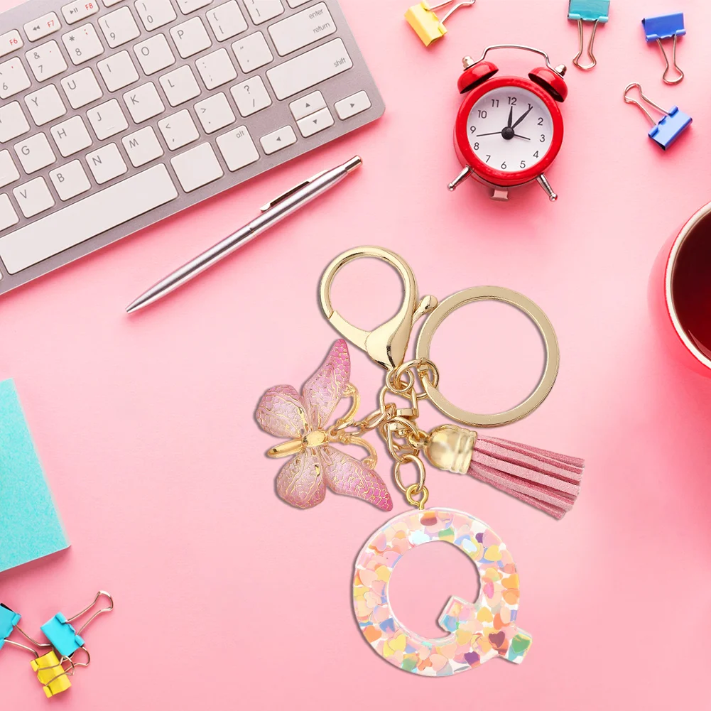 Resin Initial Letter Keychains Alphabet Letter Keychain Pink Tassel Butterfly Key Ring