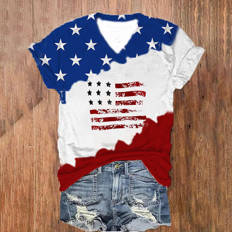  4th Of July Flag Print V-Neck Casual T-Shirt Westsshops