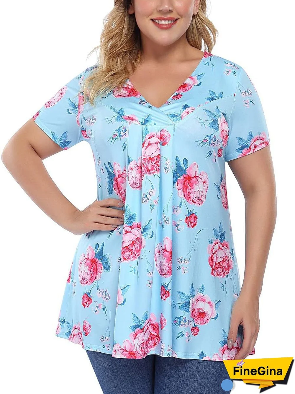 Women's Floral Printed Loose Pleated Short Sleeve V-neck Top