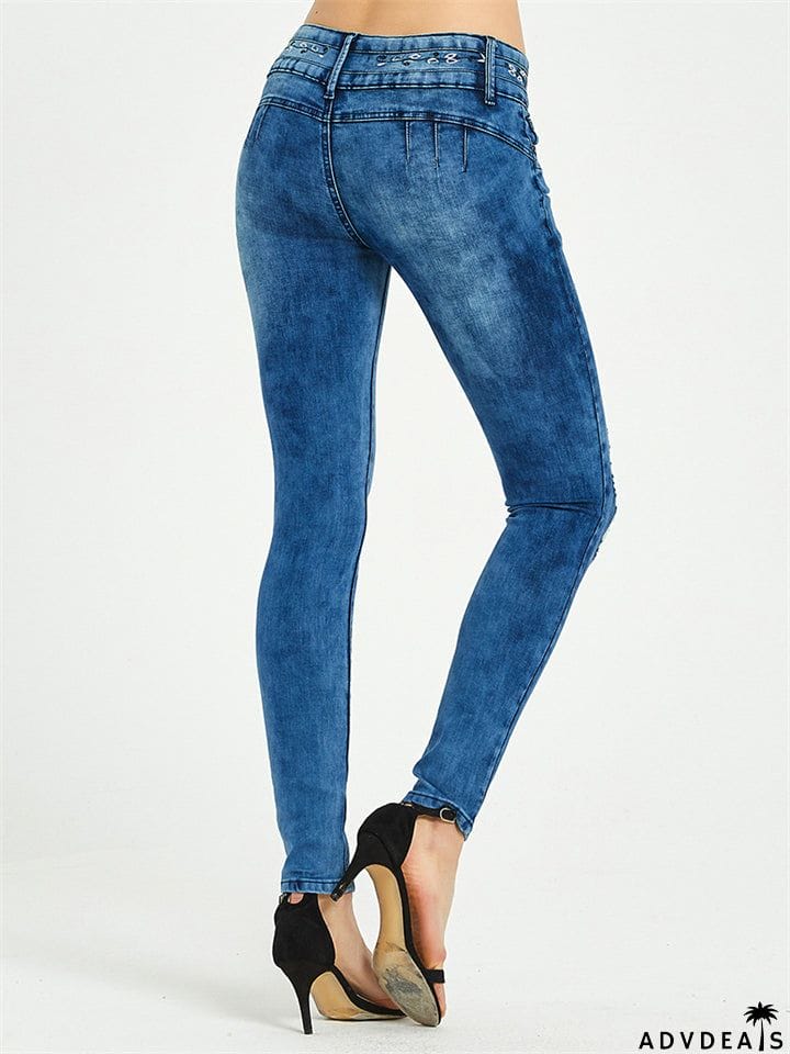 Women's Casual Style Floral Embroidery Buttons Denim Jeans