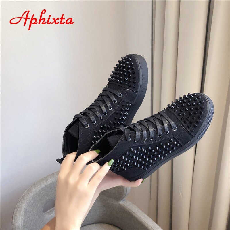 Aphixta Lace-up Fashion Rivets Ankle Boots For Women Flat Heel Platform Shoes Woman Black Waterproof Motorcycle Boots Women