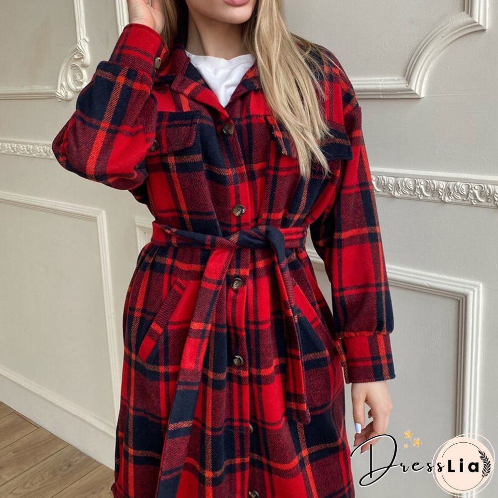 Retro Plaid Print Coat Ladies Casual Long Sleeve Lapel Single Breasted Woolen Coats Women Loose Lace Up Asymmetrical Jacket