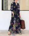Cotton Linen Printed Lapel Long Sleeve Dress