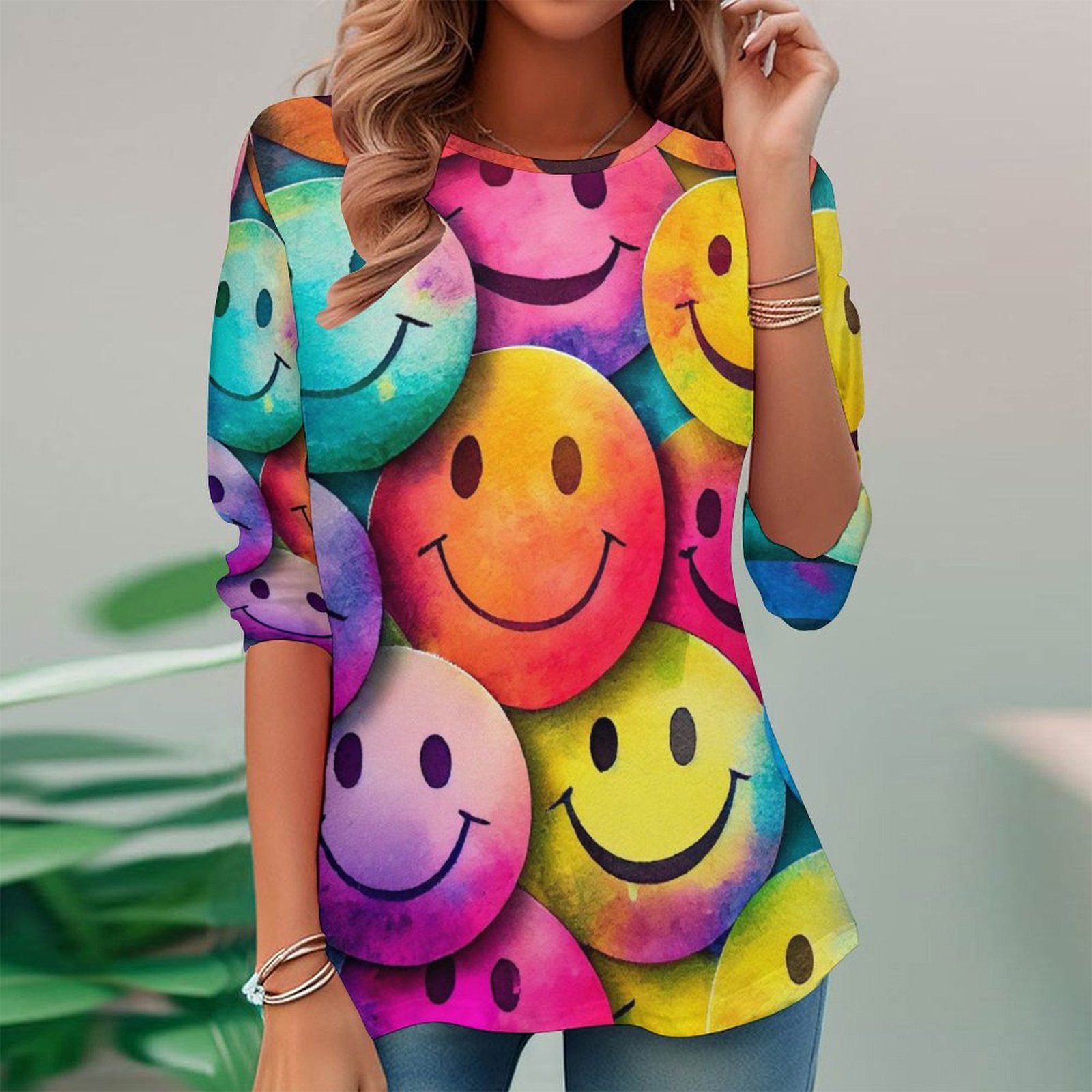 Women Long Sleeve V-neck Graphic Floral Printed Top