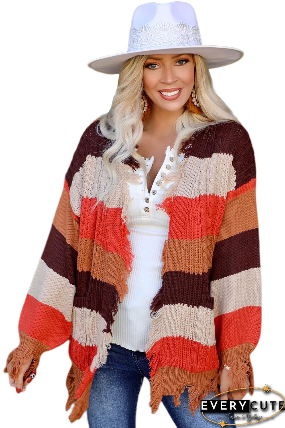 Multicolor Striped Knit Frayed Hem Cardigan
