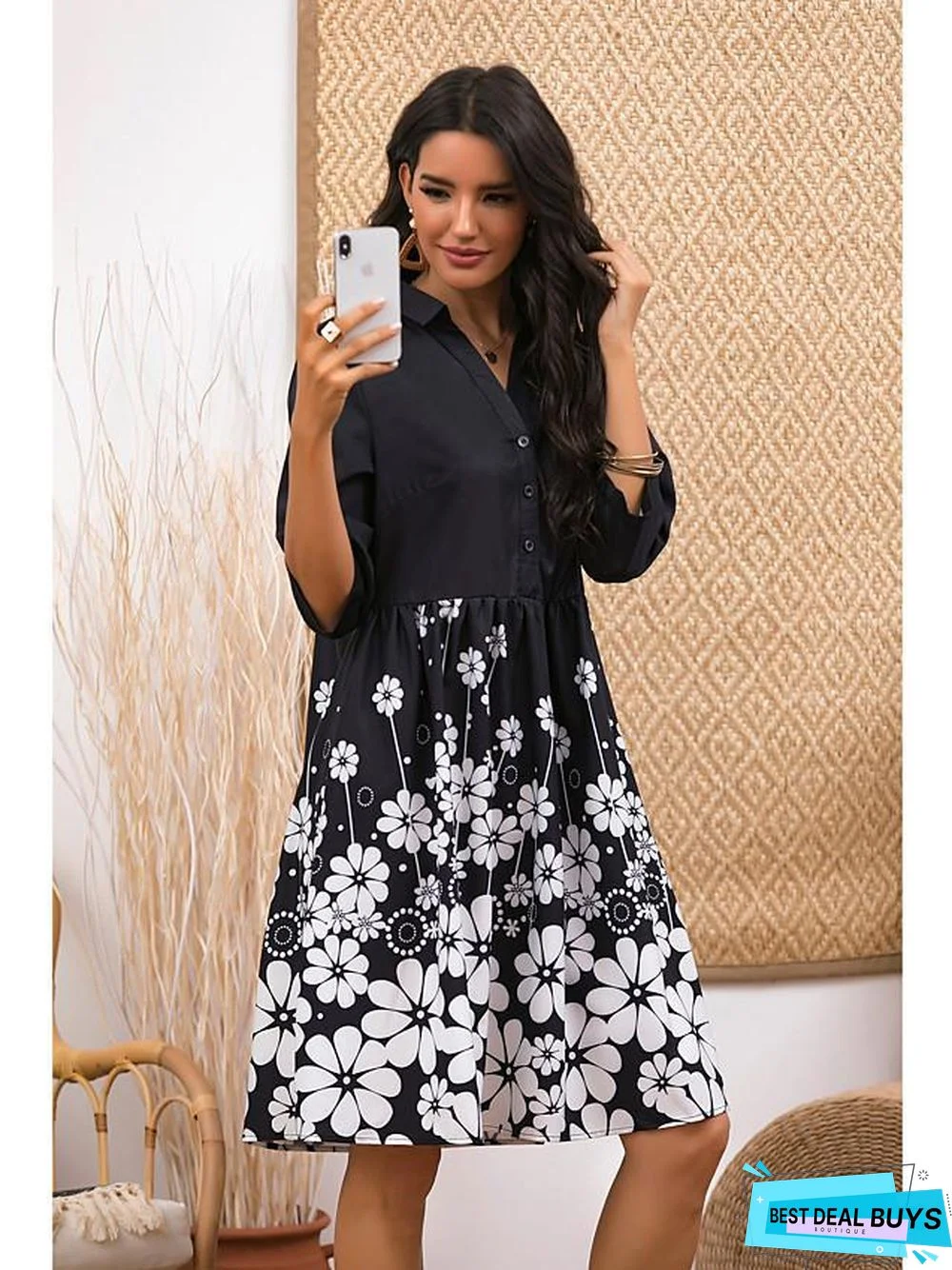 Women's Shift Dress Short Mini Dress - Half Sleeve Black & White Floral Print Summer V Neck Casual Black Black Dresses
