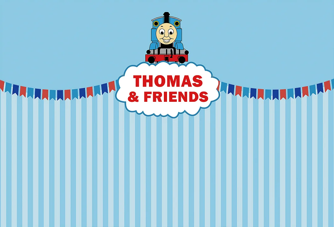 Blue Stripes And Cartoon Train Happy Birtday Party Backdrop RedBirdParty
