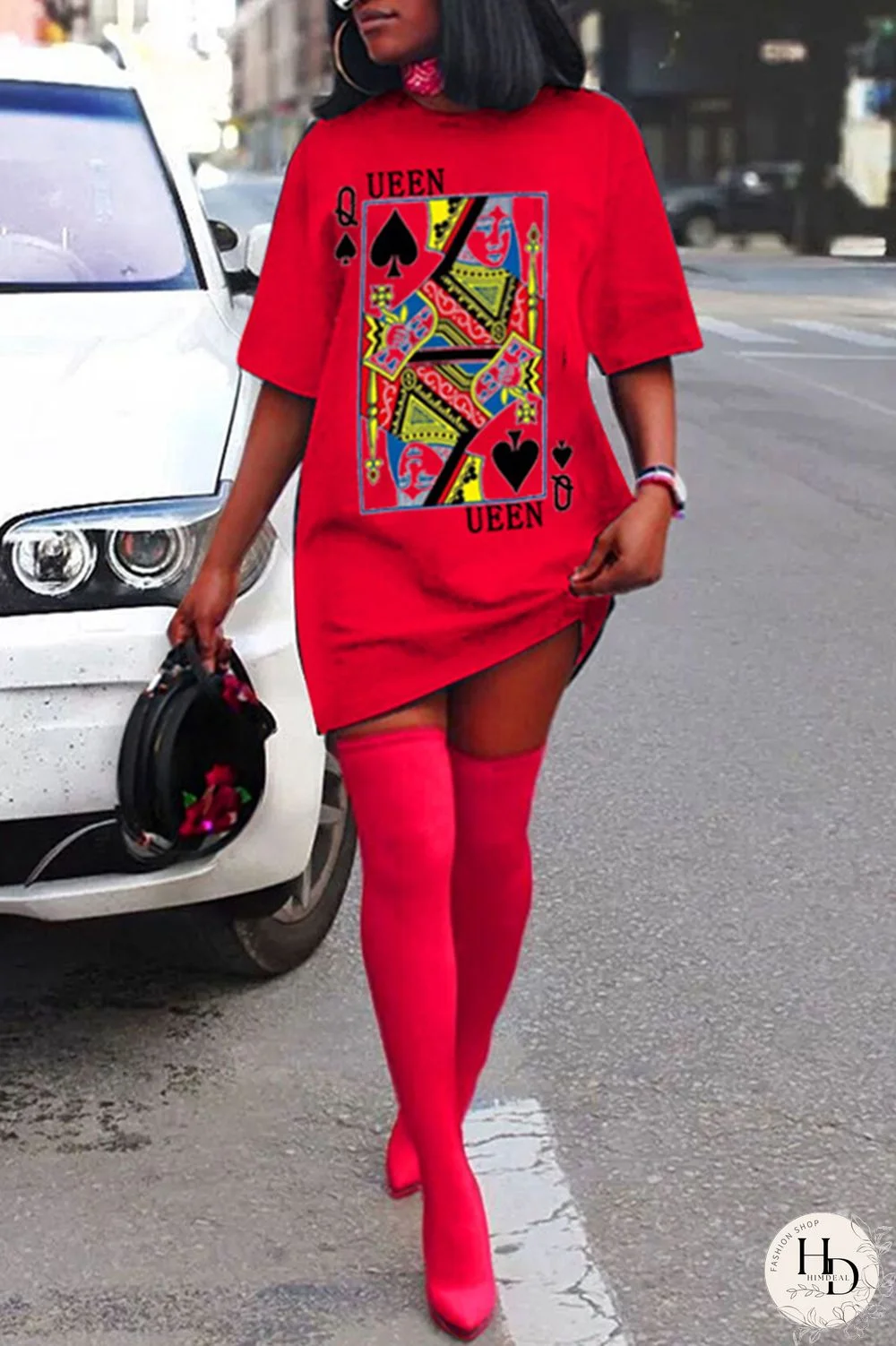 Red Fashion Casual Print Basic O Neck Short Sleeve Dress