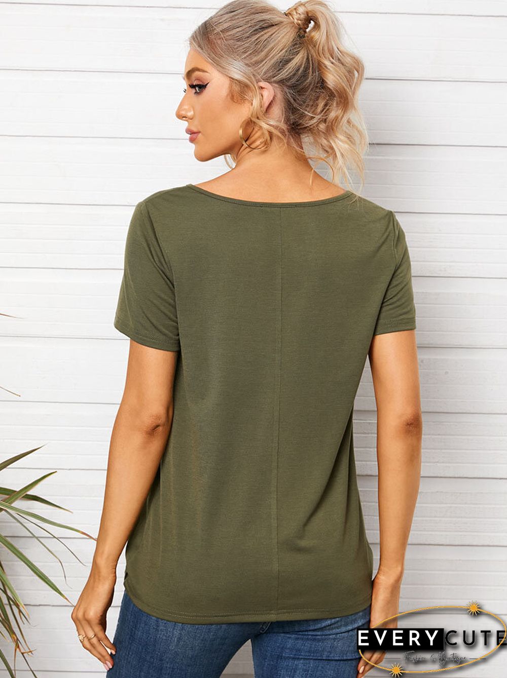 Solid Criss-cross V-neck Short Sleeve Casual T-shirt
