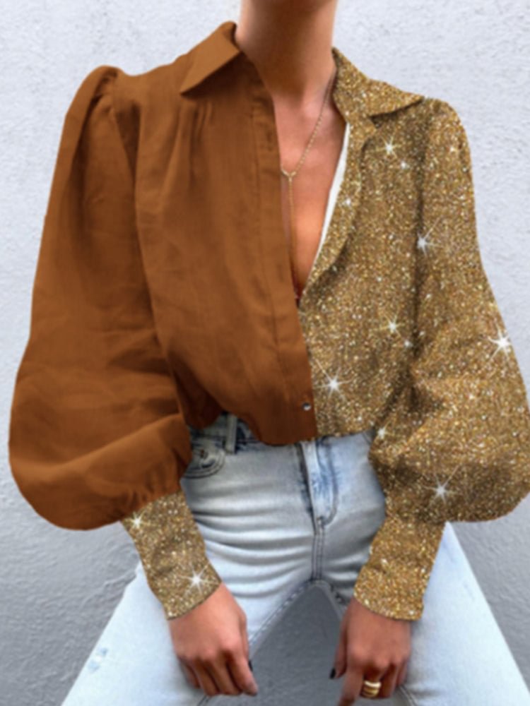 Contrast Color Glitter Button Long Sleeve Lapel Shirt SKUJ10233 QueenFunky