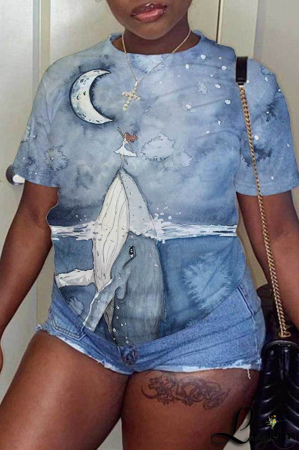 Blue Fashion Casual Print Basic O Neck T-Shirts