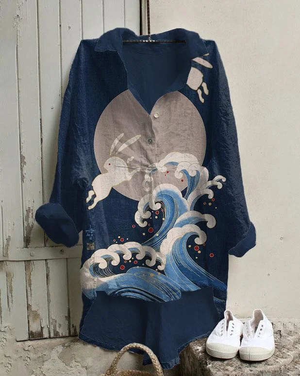 Japanese Bunny Moon and Waves Cotton And Linen Tunic Shirt