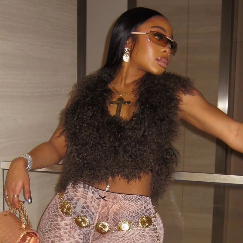 Uveng Uveng Women's Autumn And Winter Hair Hanging Neck Vest Deep V Collar Bare Back Rope Umbilly Blouse T-Shirt